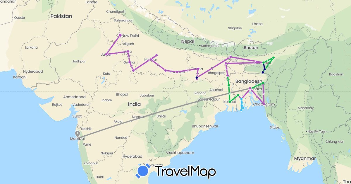 TravelMap itinerary: driving, bus, plane, train, boat in Bangladesh, India (Asia)